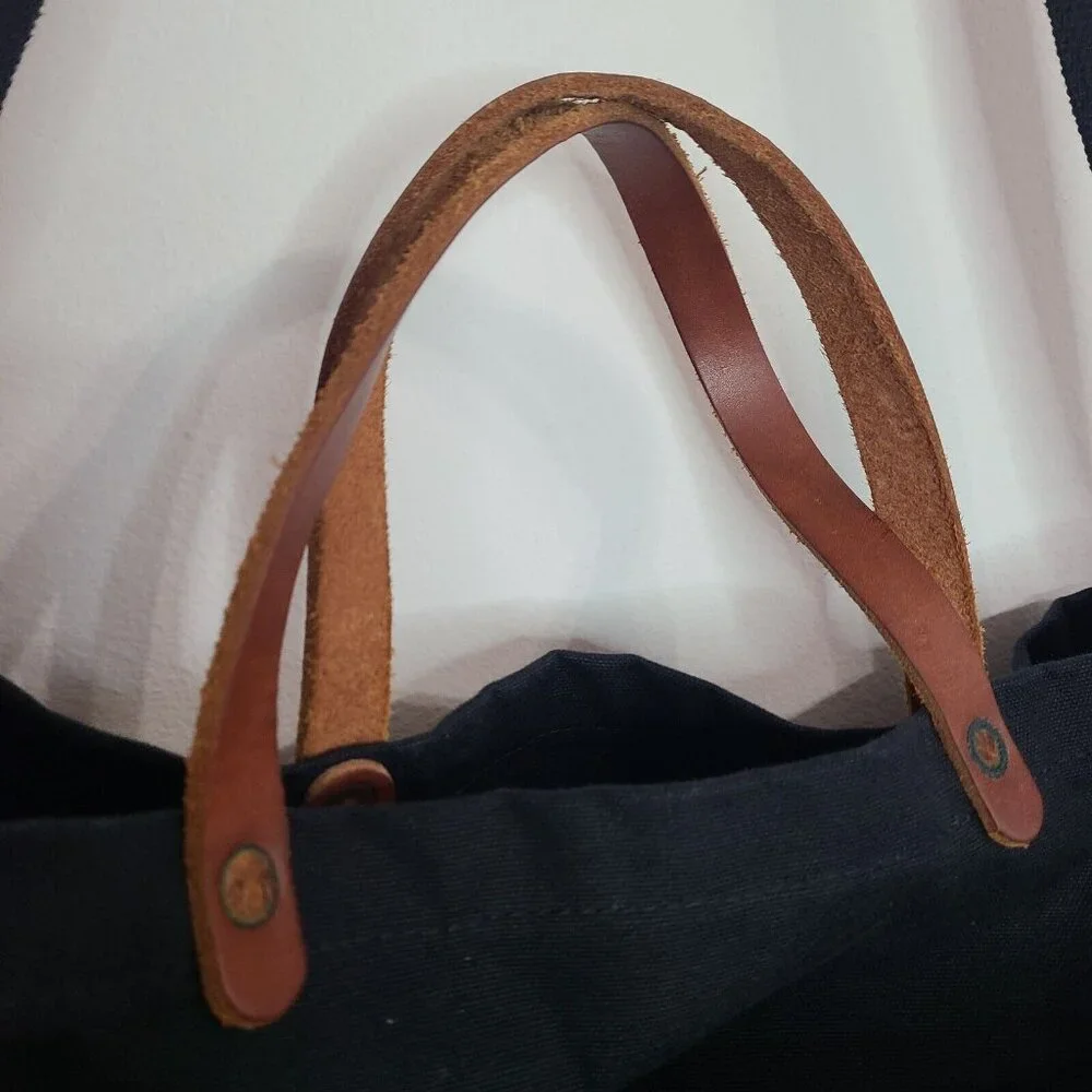 Black Canvas Tote Bag with Brown Leather Handles - Picture 4 of 8